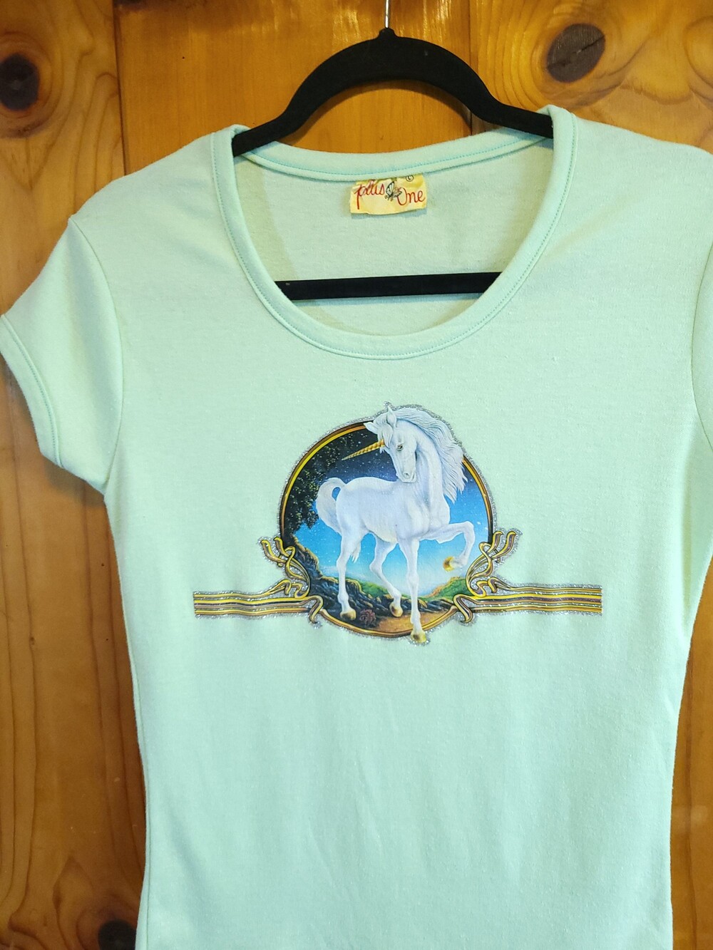 Vintage 80s Unicorn pastel transfer Large Short Sleeve green mystical fantasy